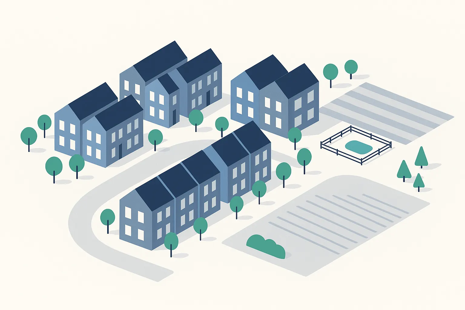 Illustration: Rows of new three-storey townhouses along a curving street, with farmland at the edge of the neighbourhood.