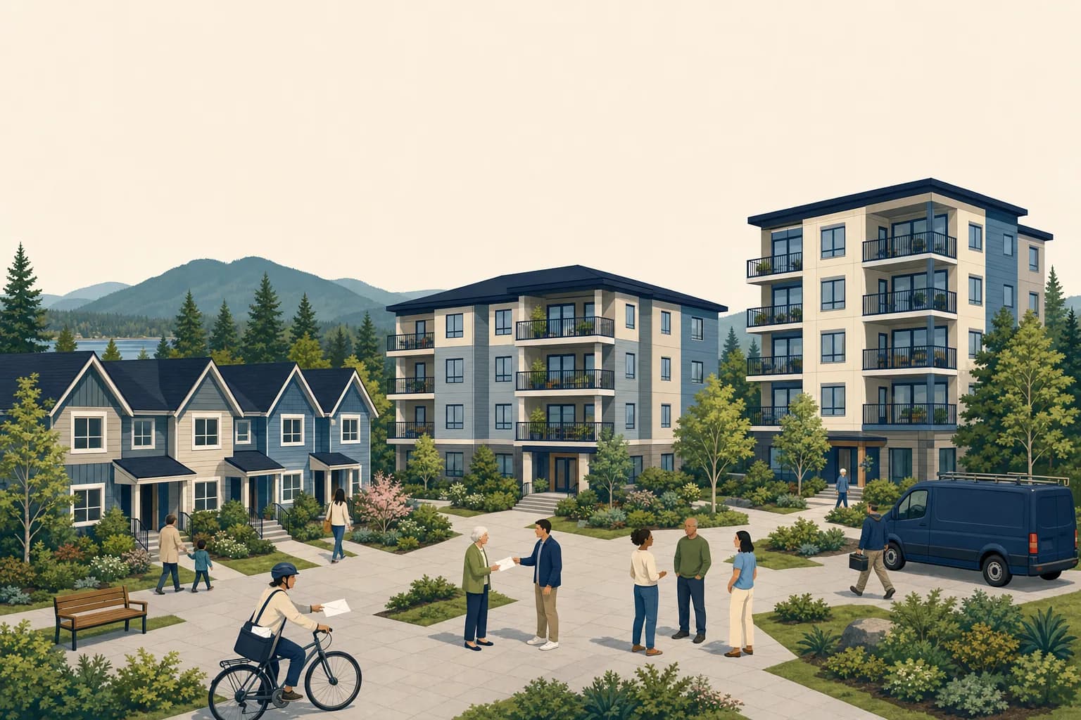 Three British Columbia strata buildings, townhouses, a low-rise and a mid-rise, whose paths meet in a shared plaza where neighbours talk, a tradesperson heads in with a toolbox and a courier delivers envelopes by bike.