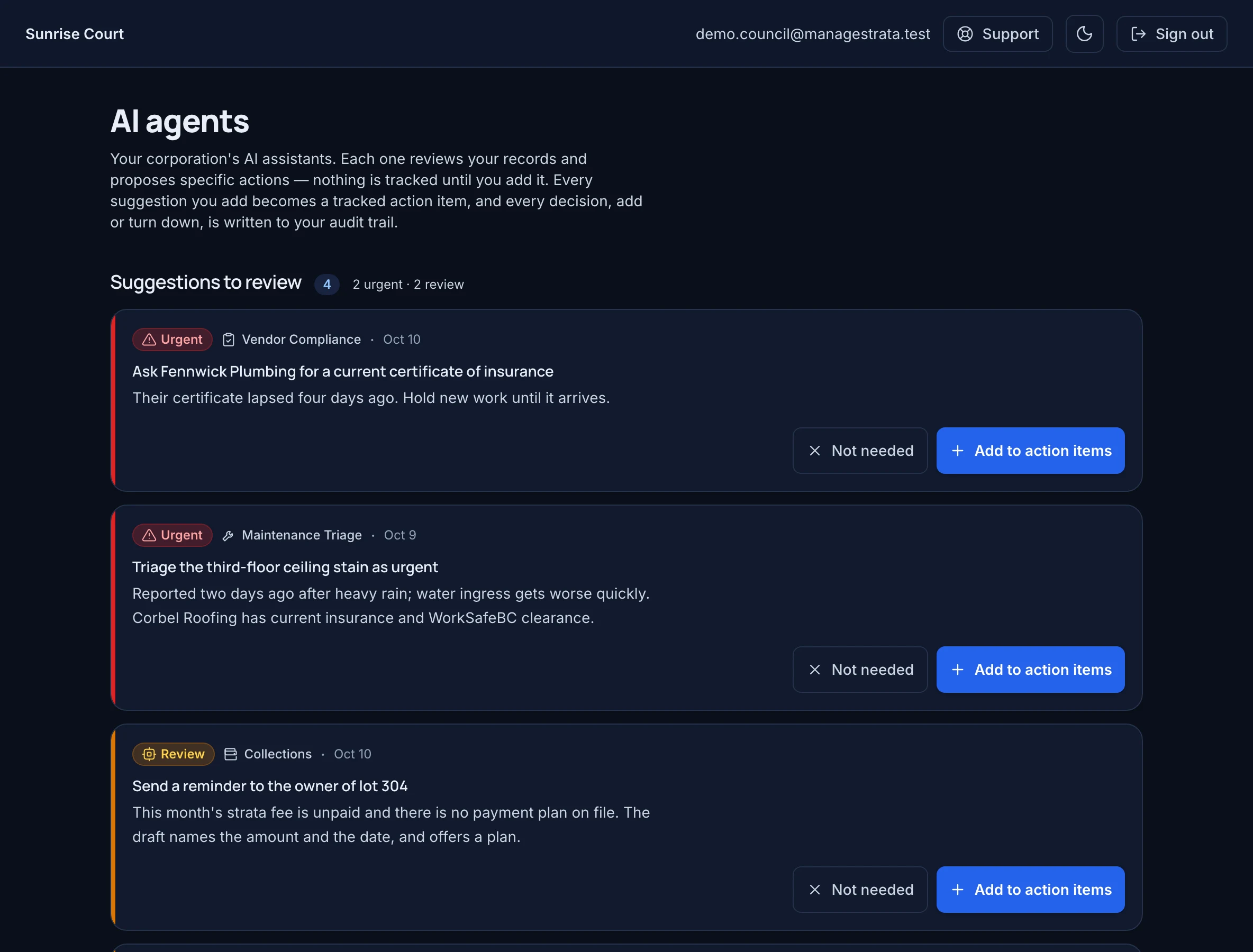 The AI agents screen: suggestions waiting for council, each with its reason and a choice to add it to the action items or turn it down.