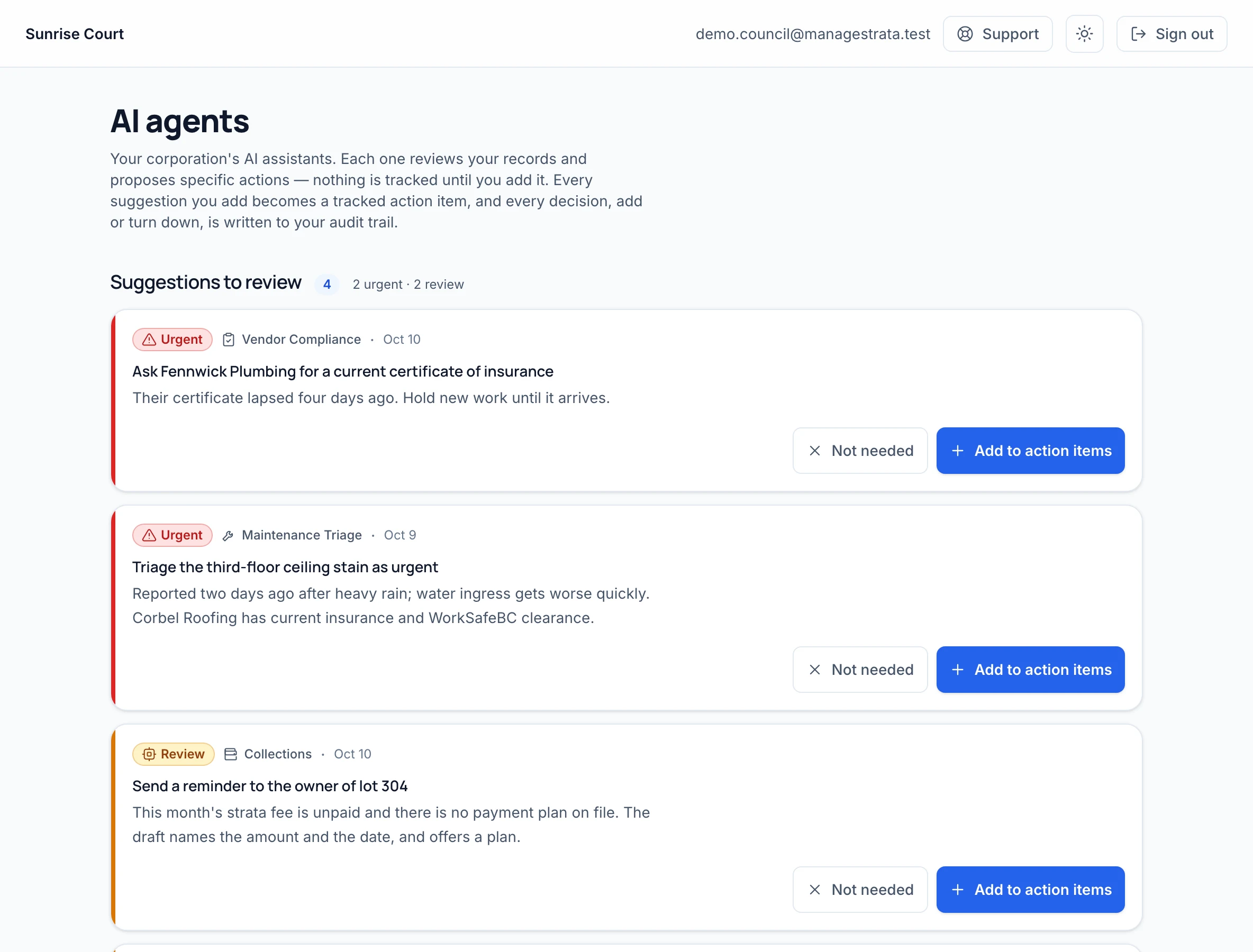 The AI agents screen: suggestions waiting for council, each with its reason and a choice to add it to the action items or turn it down.