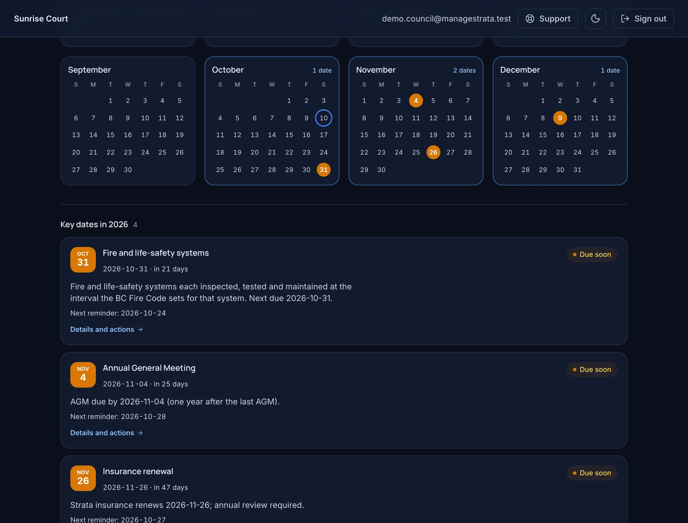 The compliance calendar: this year's remaining months with the fire inspection, the AGM, the insurance renewal and the depreciation report marked, and the key dates listed below with their reminders.