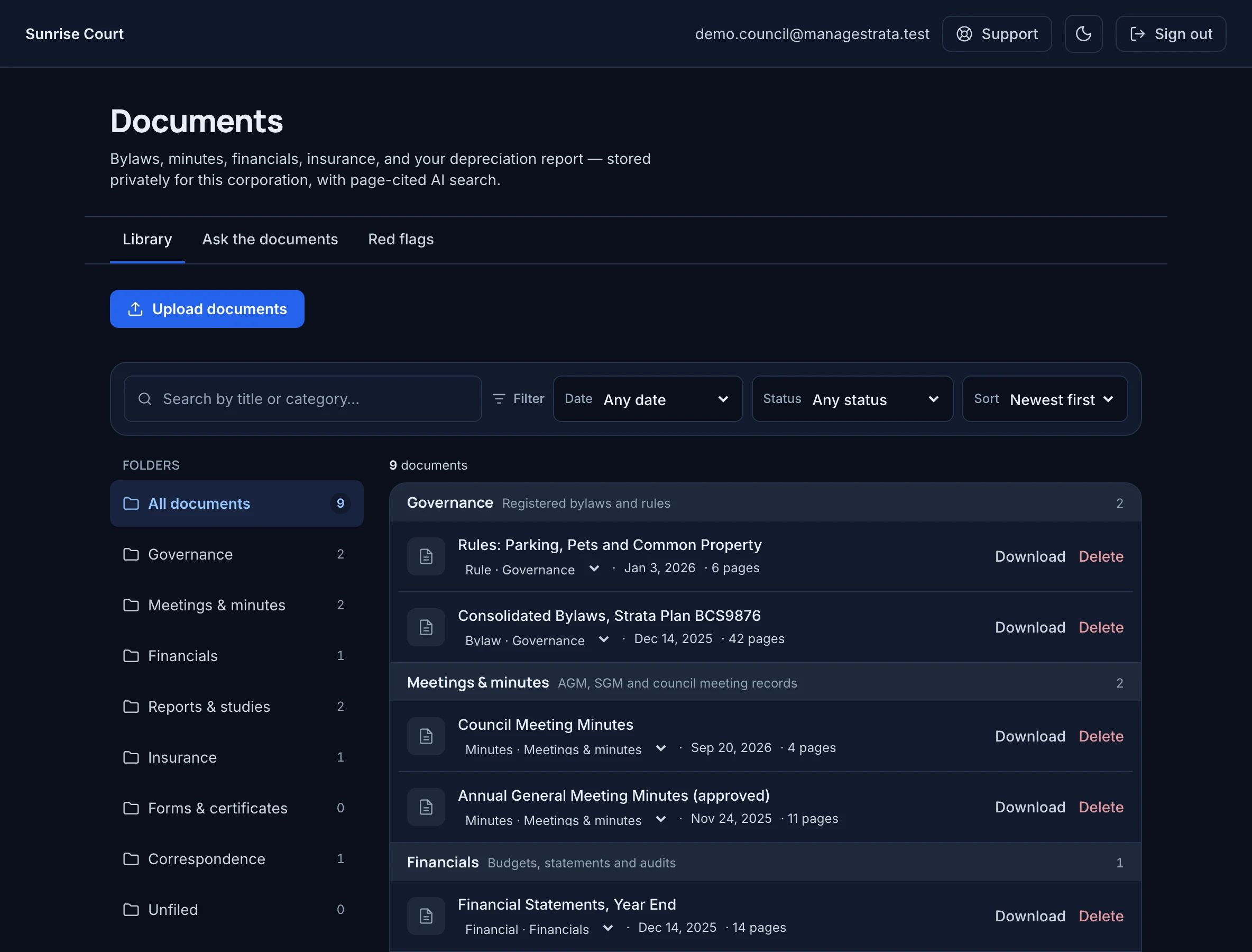 The documents library for Sunrise Court, with bylaws, minutes and reports filed by type.