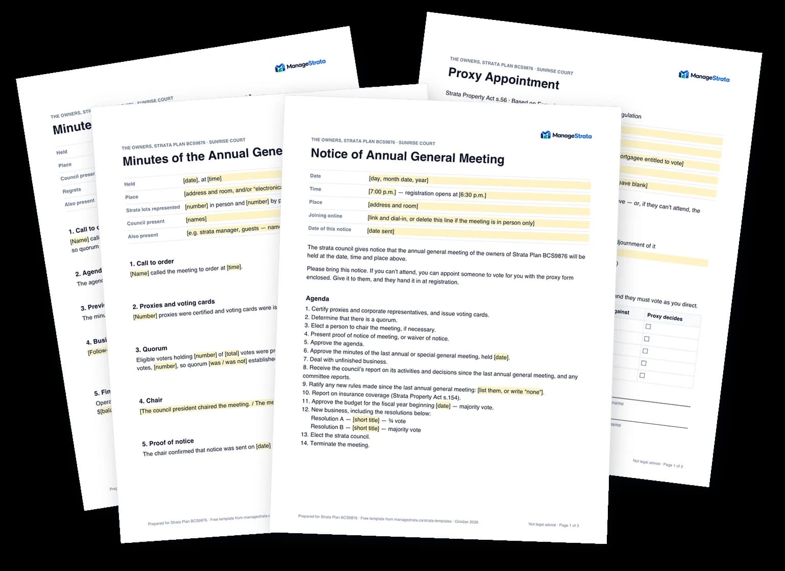 Four of the templates — the AGM notice, the AGM minutes, the council meeting minutes and the proxy form — each headed “The Owners, Strata Plan BCS9876 · Sunrise Court”.