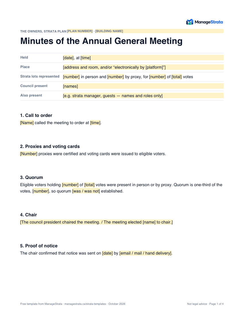 Page one of the agm minutes template
