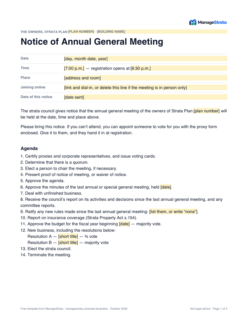 Page one of the agm notice and agenda template