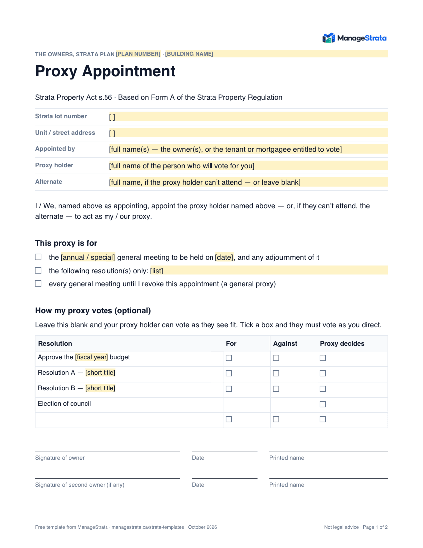 Page one of the proxy form template