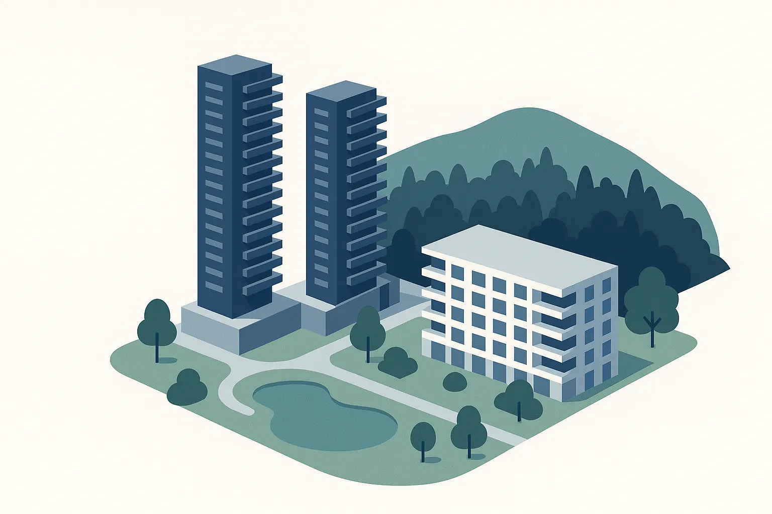Illustration: Two residential towers and a mid-rise building beside a park with a small lake, with a forested hill behind.