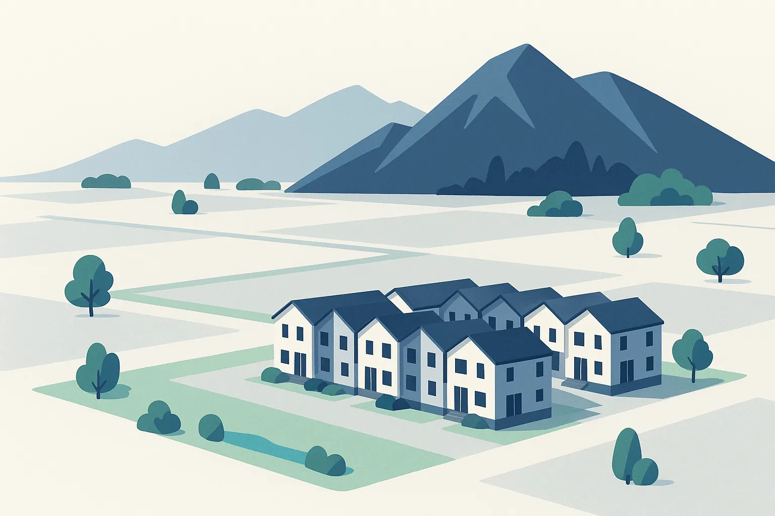 Illustration: A low-rise townhouse complex on a wide valley floor of fields, with steep mountains behind.