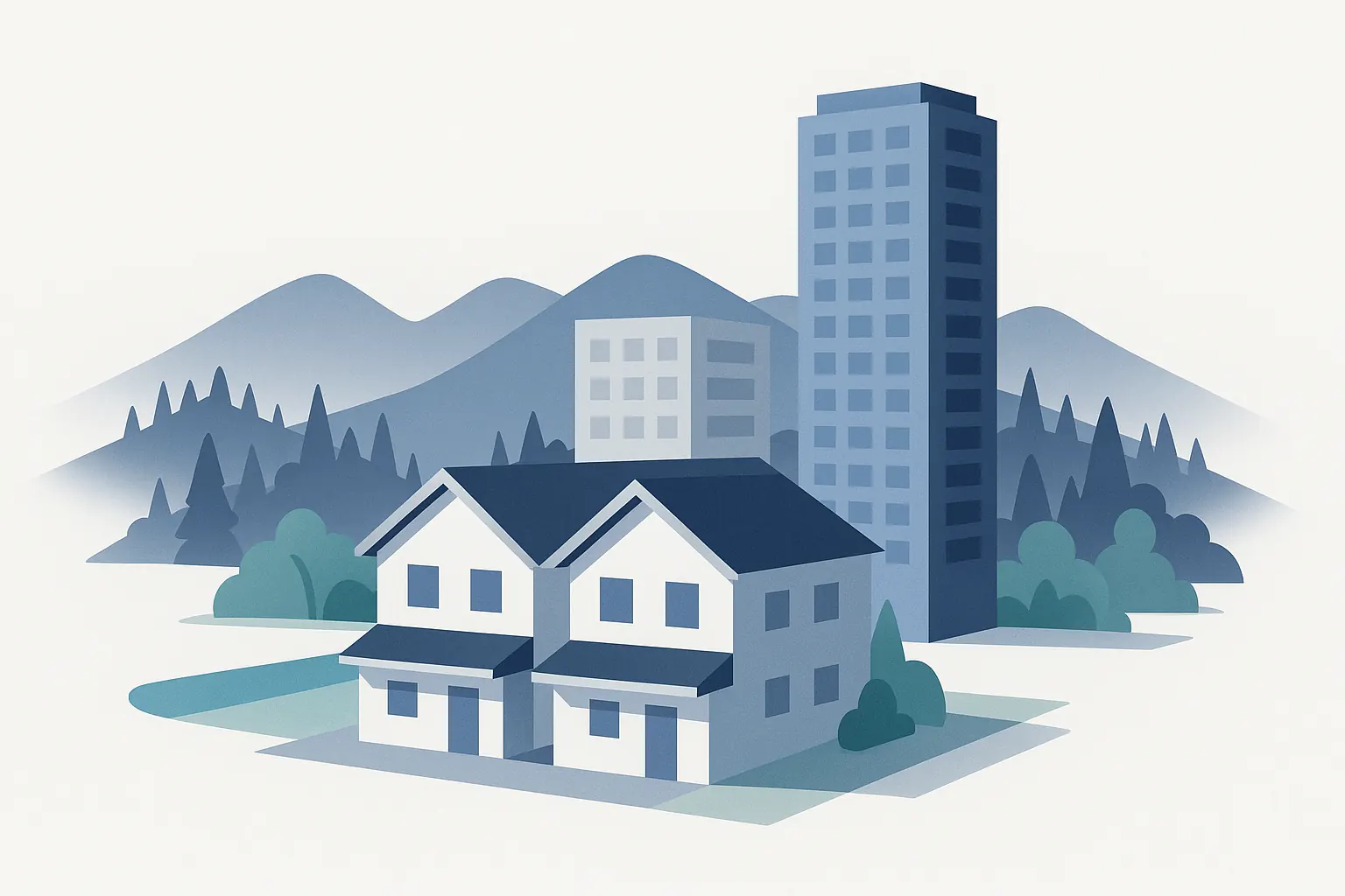 Illustration: A side-by-side duplex in front of a residential tower and a mid-rise building, with forested mountains beyond.