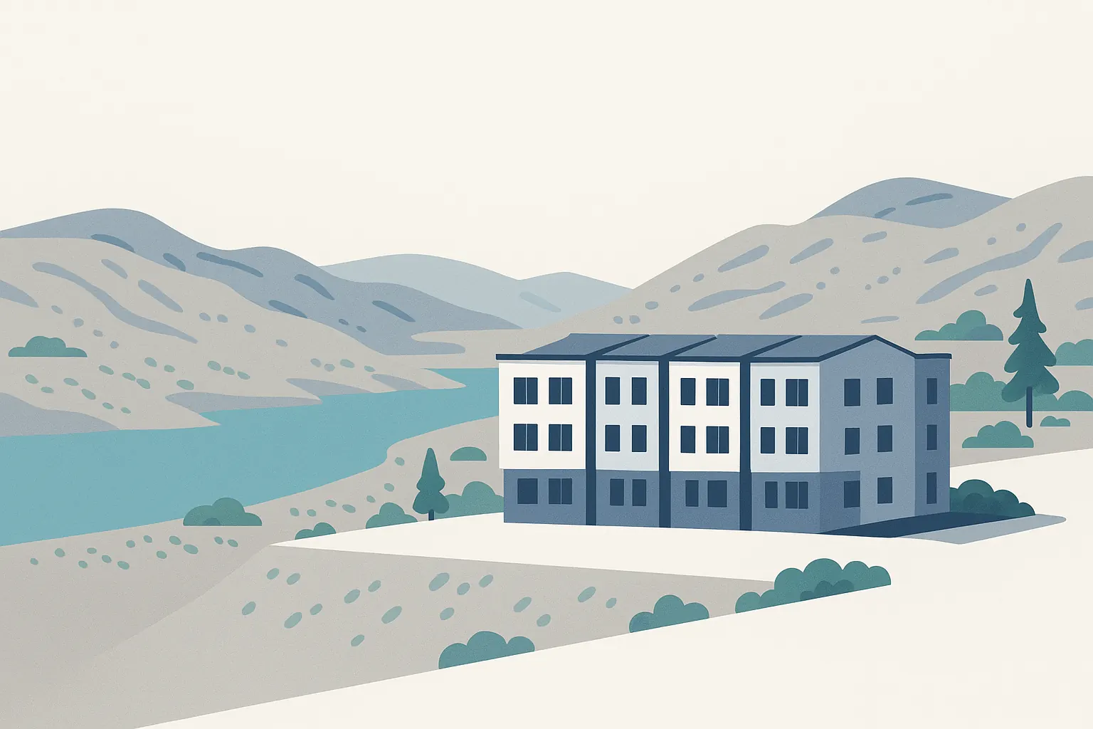 Illustration: A three-storey townhouse block above a river valley, with dry benchland hills behind.