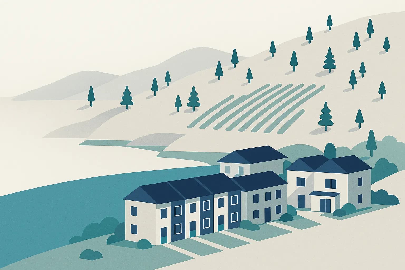 Illustration: A row of townhouses and a duplex beside a lake, with vineyard rows and pine-dotted hills behind.