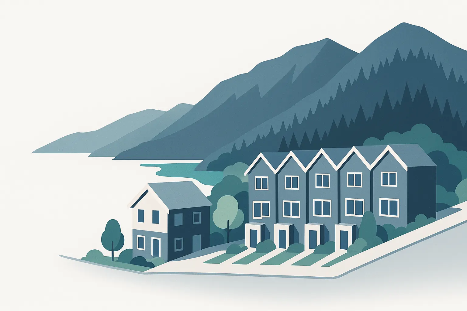 Illustration: A small duplex and a row of townhouses on a sloping street, with forested mountains behind and harbour water below.