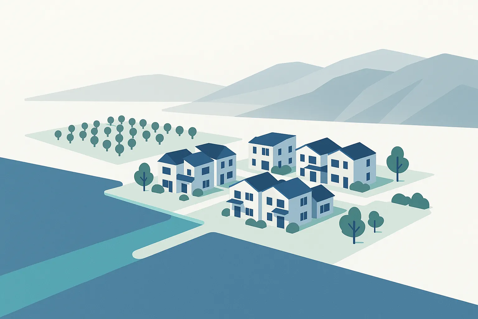 Illustration: Small duplex and fourplex homes beside the water, with an orchard and hills behind.