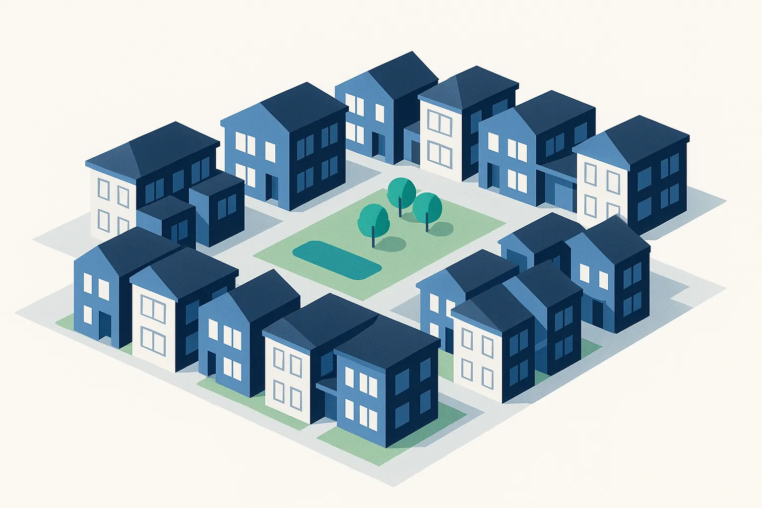 Illustration: A large townhouse complex of three-storey blocks around internal lanes and a shared green.