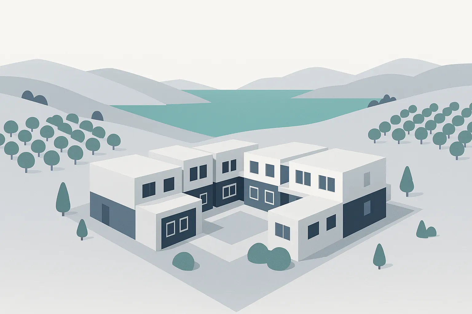Illustration: A townhouse complex around a shared courtyard, with orchards, rolling hills and a lake beyond.