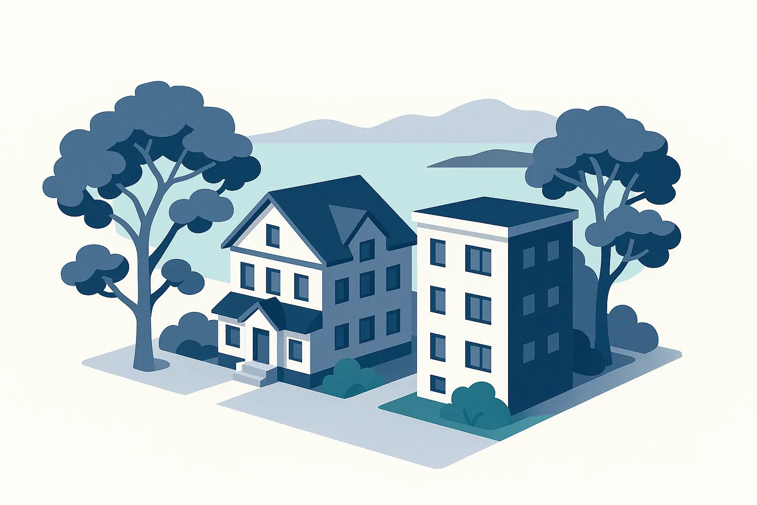 Illustration: An older house divided into strata units and a small walk-up among oak trees, near a harbour with mountains across the water.