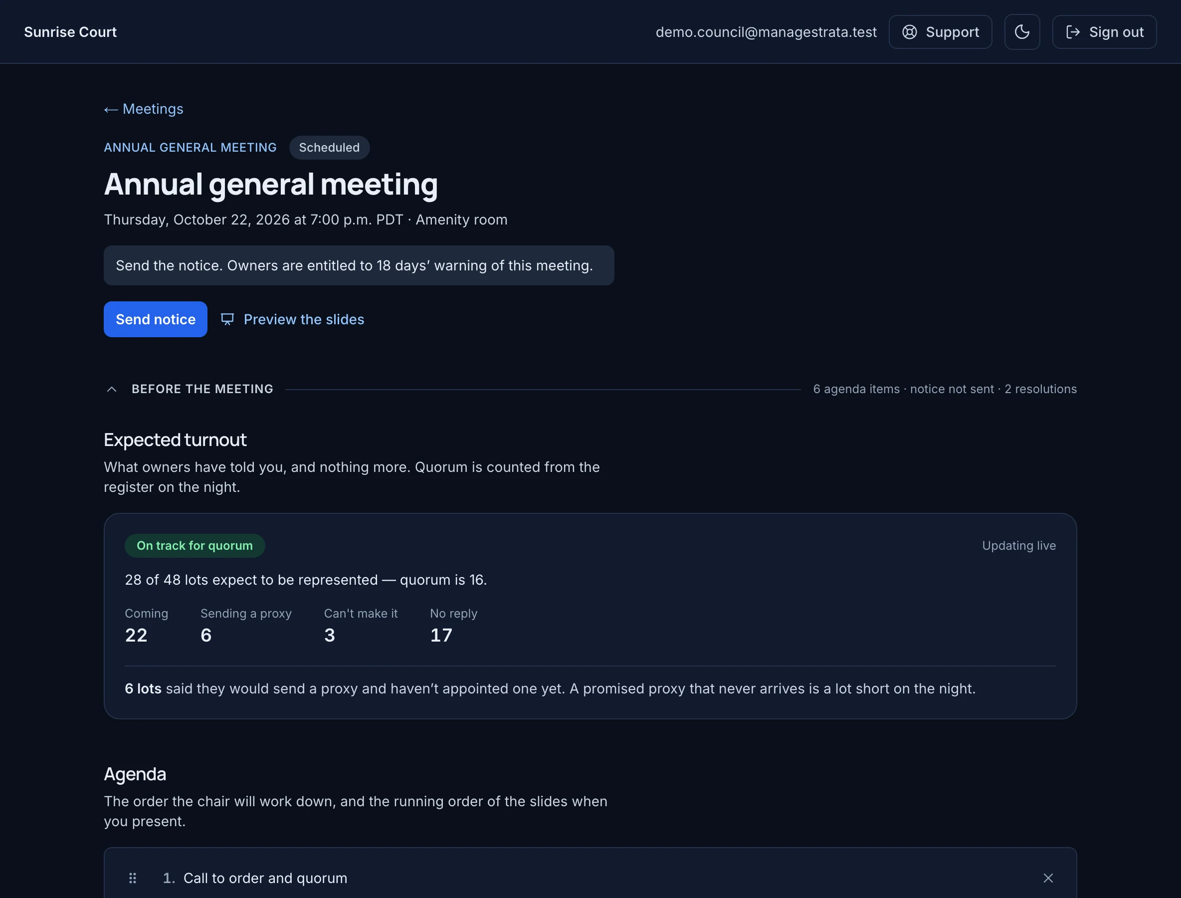An annual general meeting being prepared: the notice still to send, owners' replies counted toward quorum — 22 coming, 6 sending a proxy, 3 can't make it — and the agenda below.