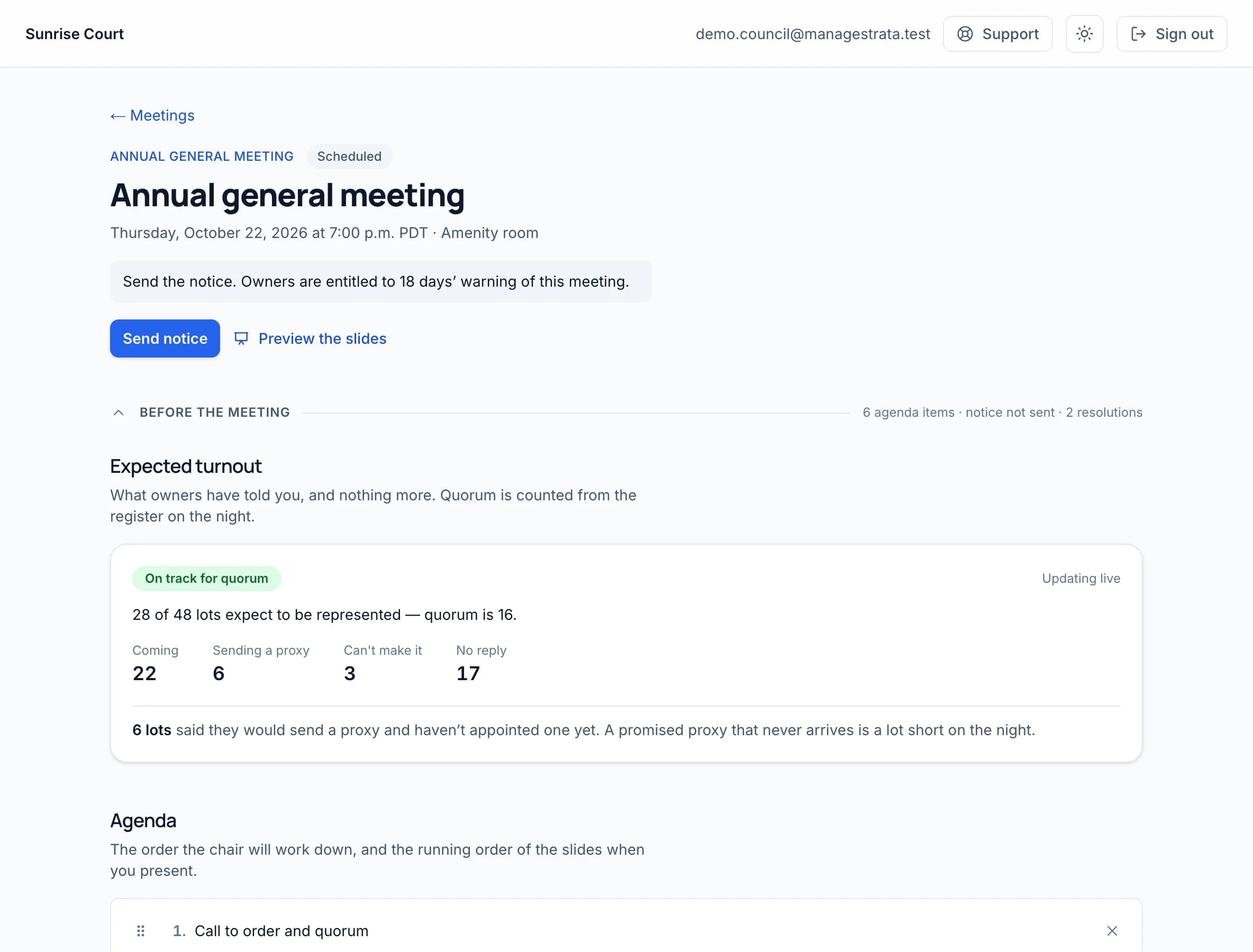 An annual general meeting being prepared: the notice still to send, owners' replies counted toward quorum — 22 coming, 6 sending a proxy, 3 can't make it — and the agenda below.