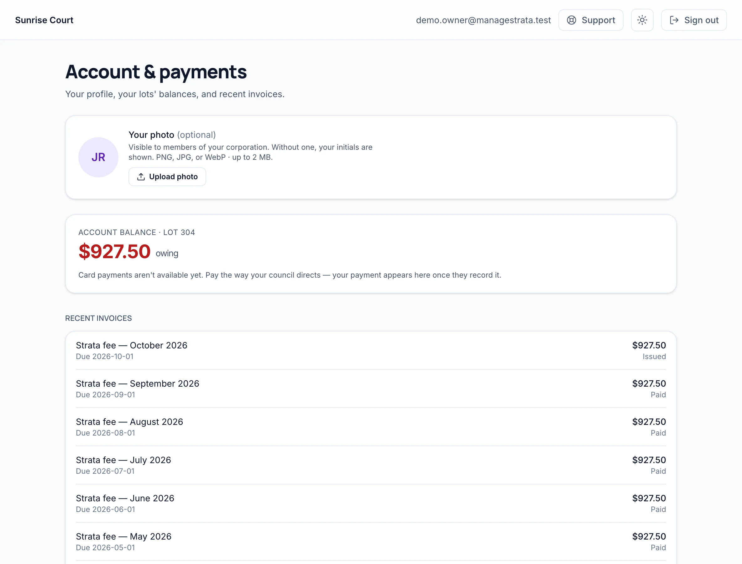 An owner's account page: the balance owing on their lot, and each month's strata fee listed as paid or issued.