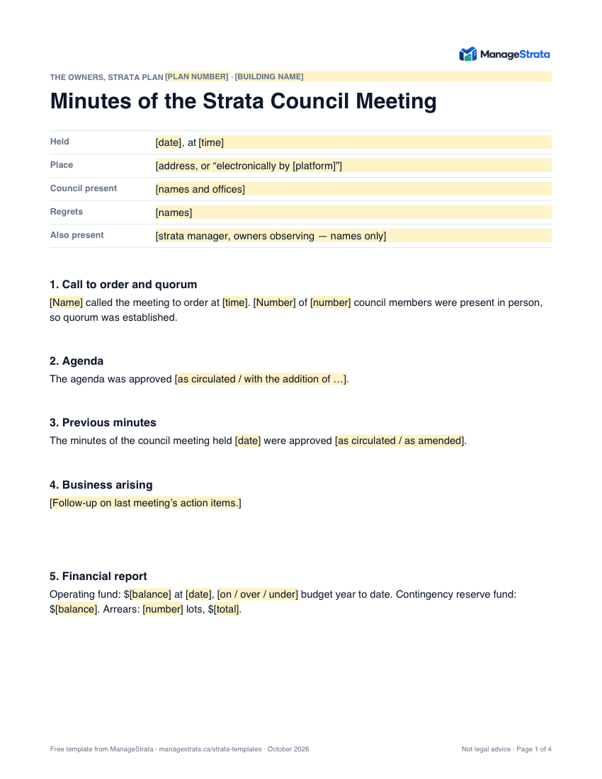 Page one of the council meeting minutes template