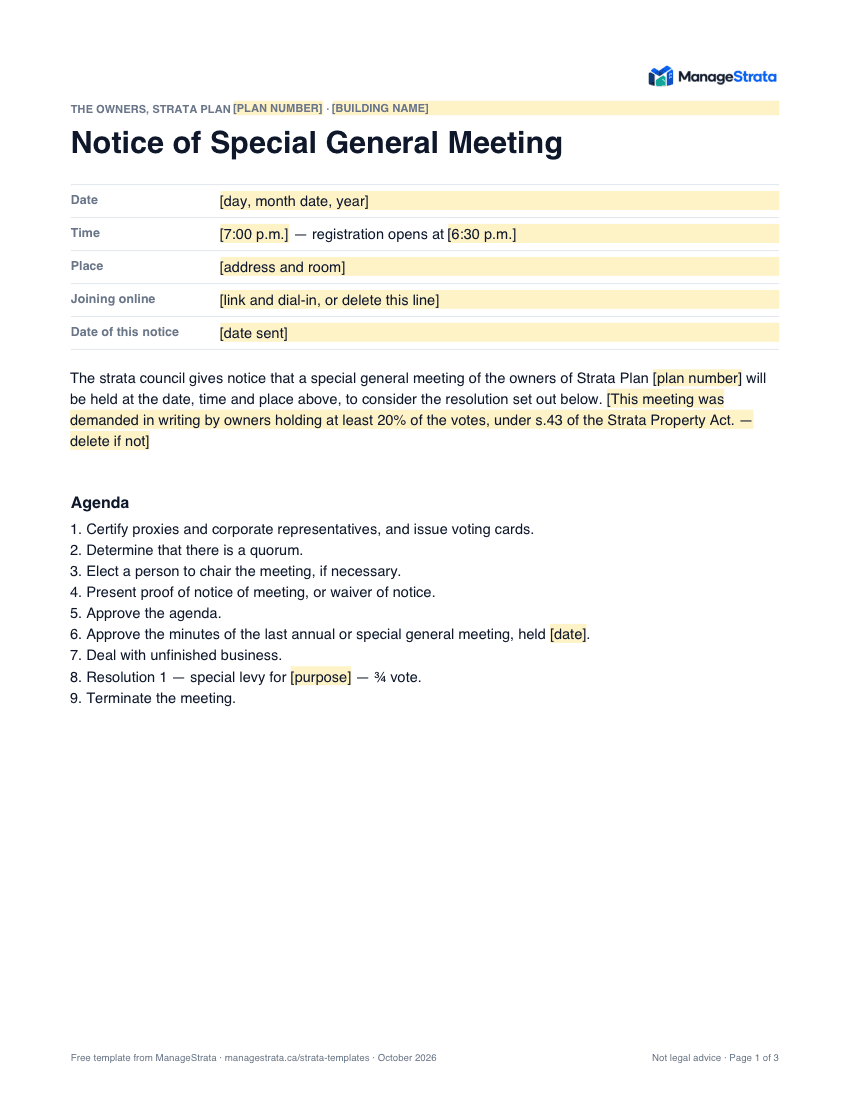 Page one of the sgm notice and special levy resolution template